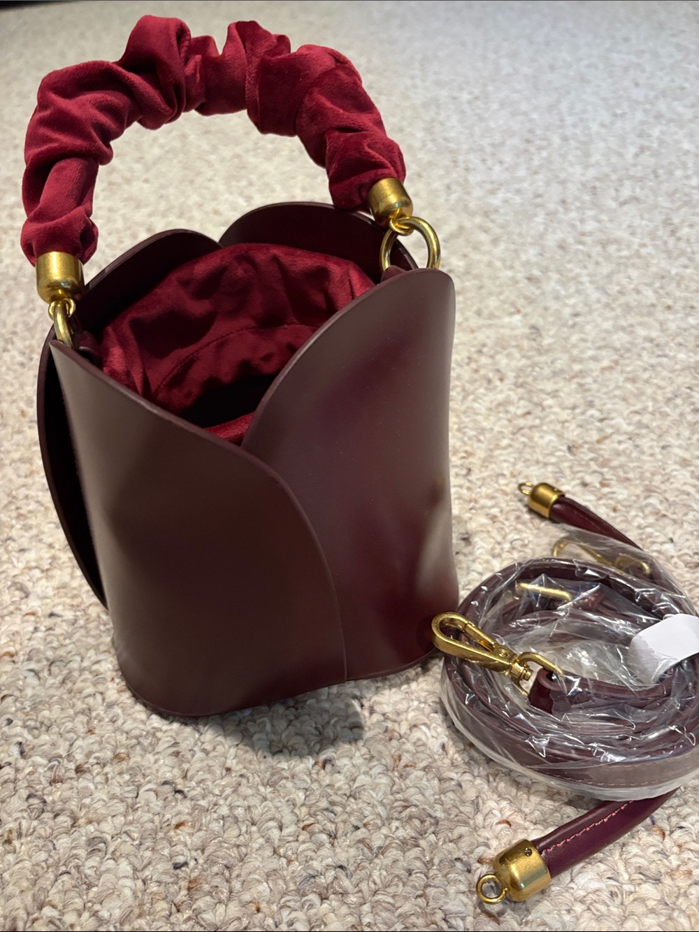Women’s Mini Bucket Bag w/ Scrunch Handle, regular handle, and shoulder strap.